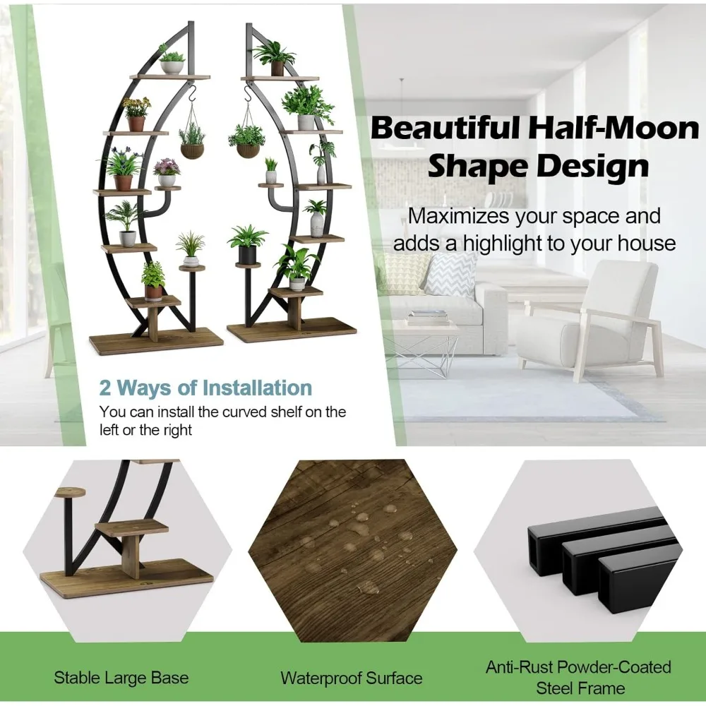 حامل نباتي معدني داخلي منحني متعدد الأغراض مكون من 6 طبقات مع أرفف نصف قمر وشماعة وميزة مضادة للإسقاط