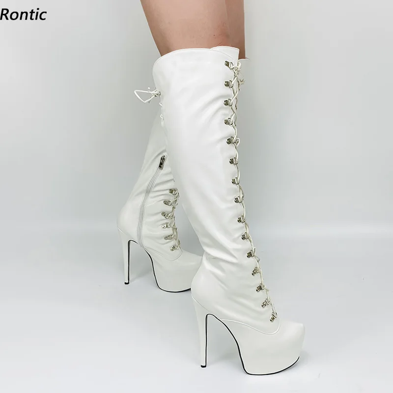 

Rontic Handmade Women Winter Knee Boots Lace Up Zipper Unisex Stiletto Heel Round Toe Pretty White Party Shoes US Size 5-20