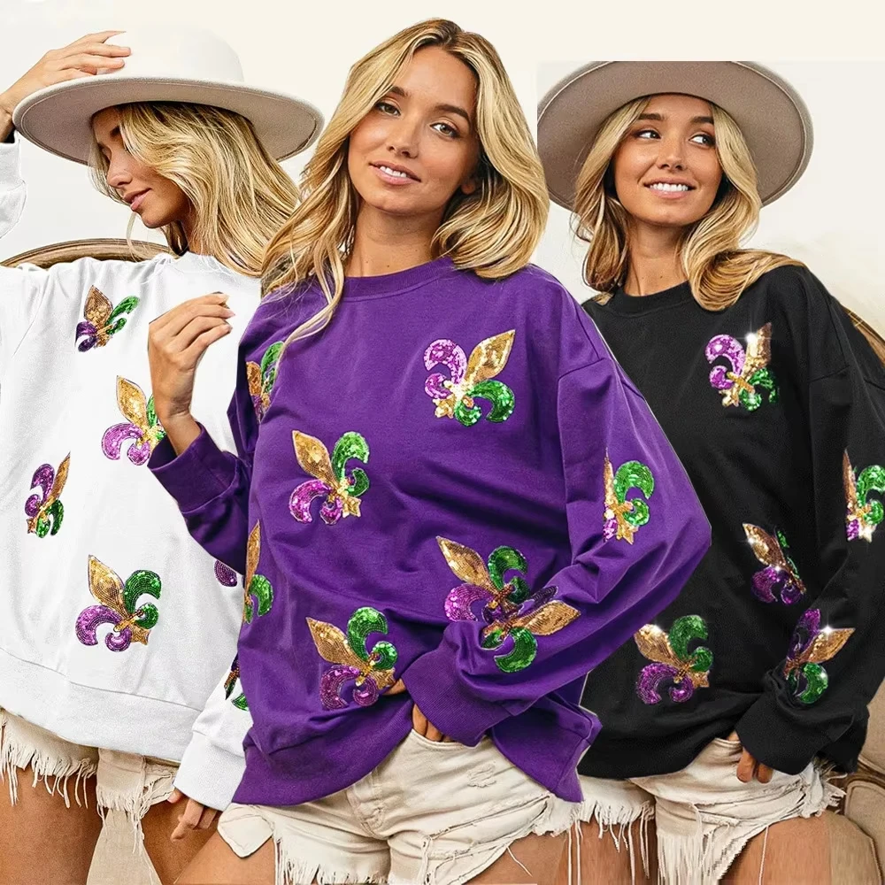 

Women Mardi Gras Corduroy Sequin Sweatshirt Long Sleeve Shirt Ladies Fat Tuesday Wear Clothing Outfits For Women