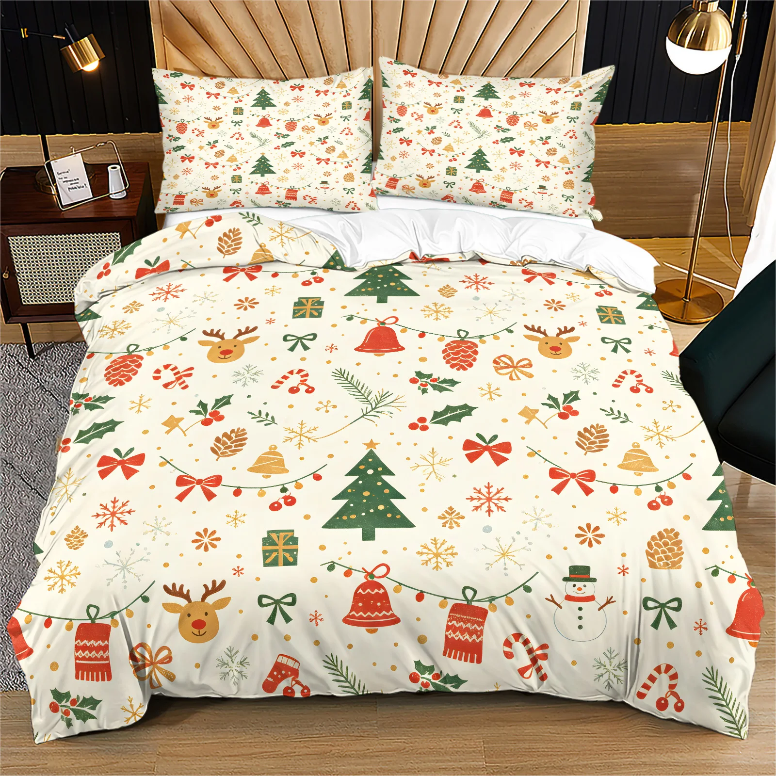 Christmas Duvet Cover Set Retro Xmas Tree Reindeer Bell Snowman Pinecone Print Bedding Set Quilt Cover with Pillowcase Holiday