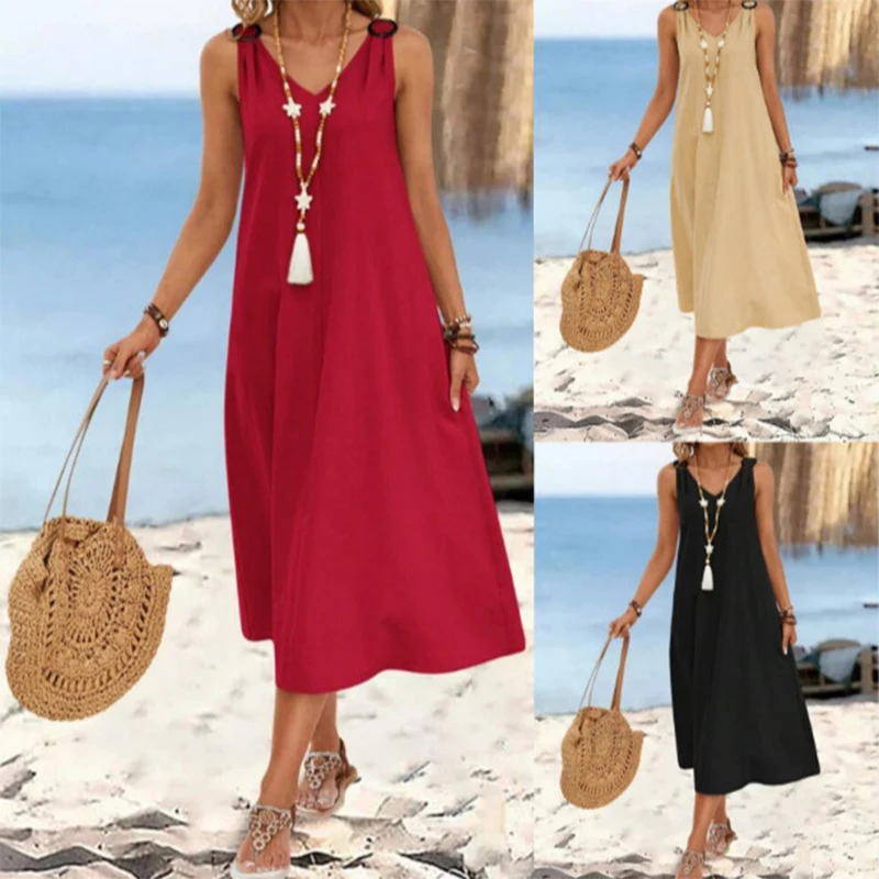 

Casual Sleeveless Beach Midi Dress for Women Solid Color for Relaxed Getaways