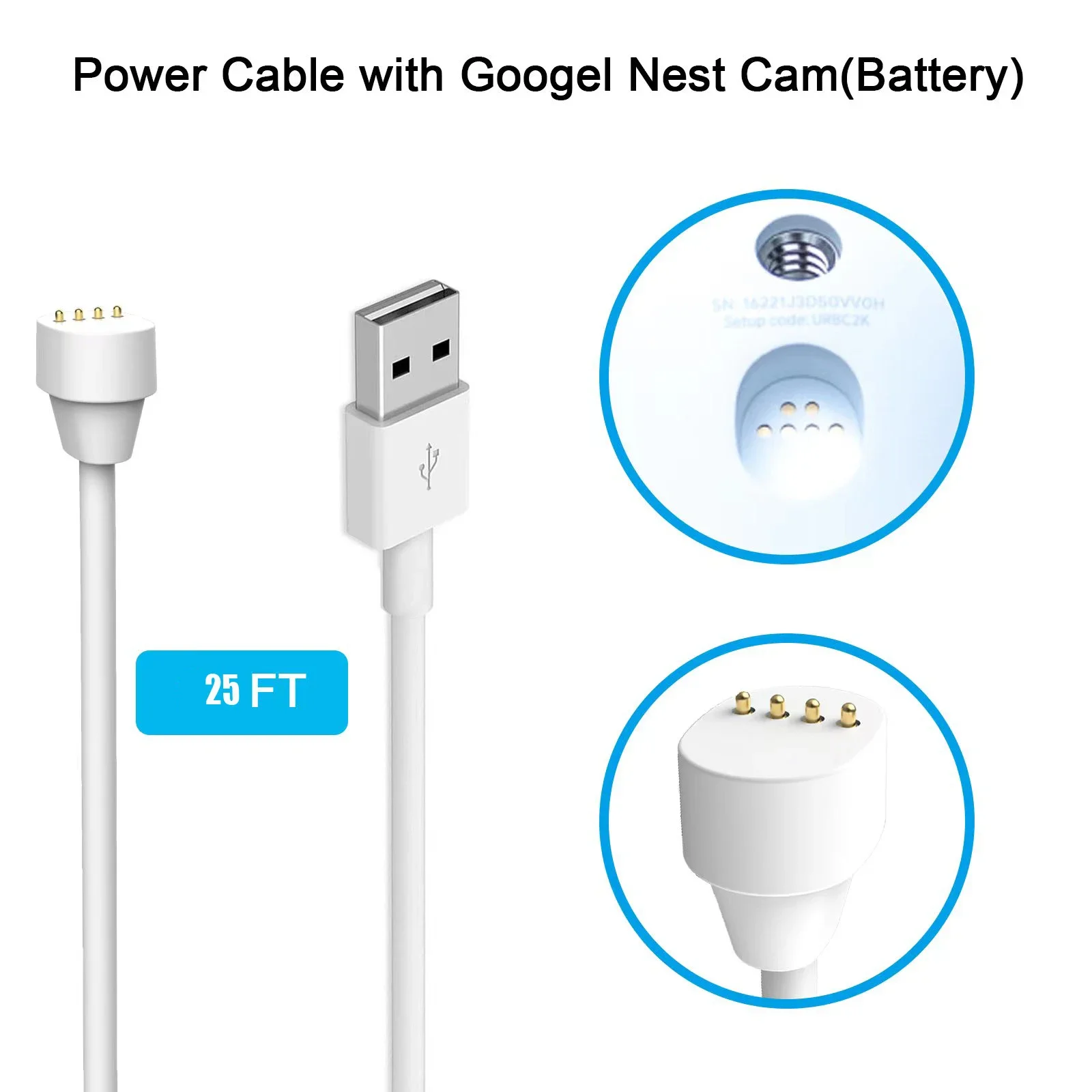25ft/7.6m Weatherproof Charge Cable for Google Nest Cam (Battery) Outdoor with USB Port Fast Charger
