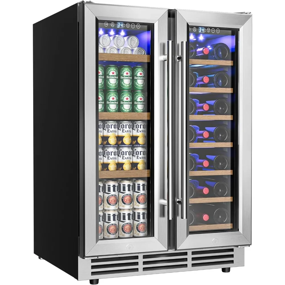 Wine Cooler with Glass Door Hold 21 Bottles and 88 Cans, 24 Inch Dual Zone Wine Refrigerator with Blue LED Light