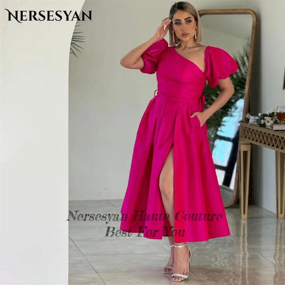 Nersesyan Pink Solid Satin Party Gowns For Occasional Prom A-Line Short Puff Sleeves Tea Length Evening Dresses With Bow Back