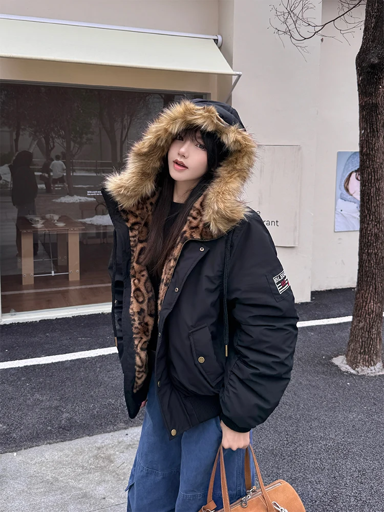 

URKR New Leopard Print Parka Jaet Women's Cotton Coat with Cotton Sandwich Thiened Fur Collar American Retro Sle Men's ...