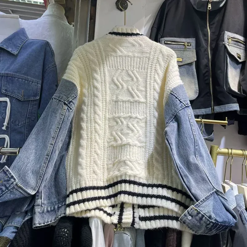 Contrast Denim Outerwears V-Neck Long Sleeve Ropa Mujer 2026 Loose Woman Cardigans Autumn Winter Double Pocket Sweater