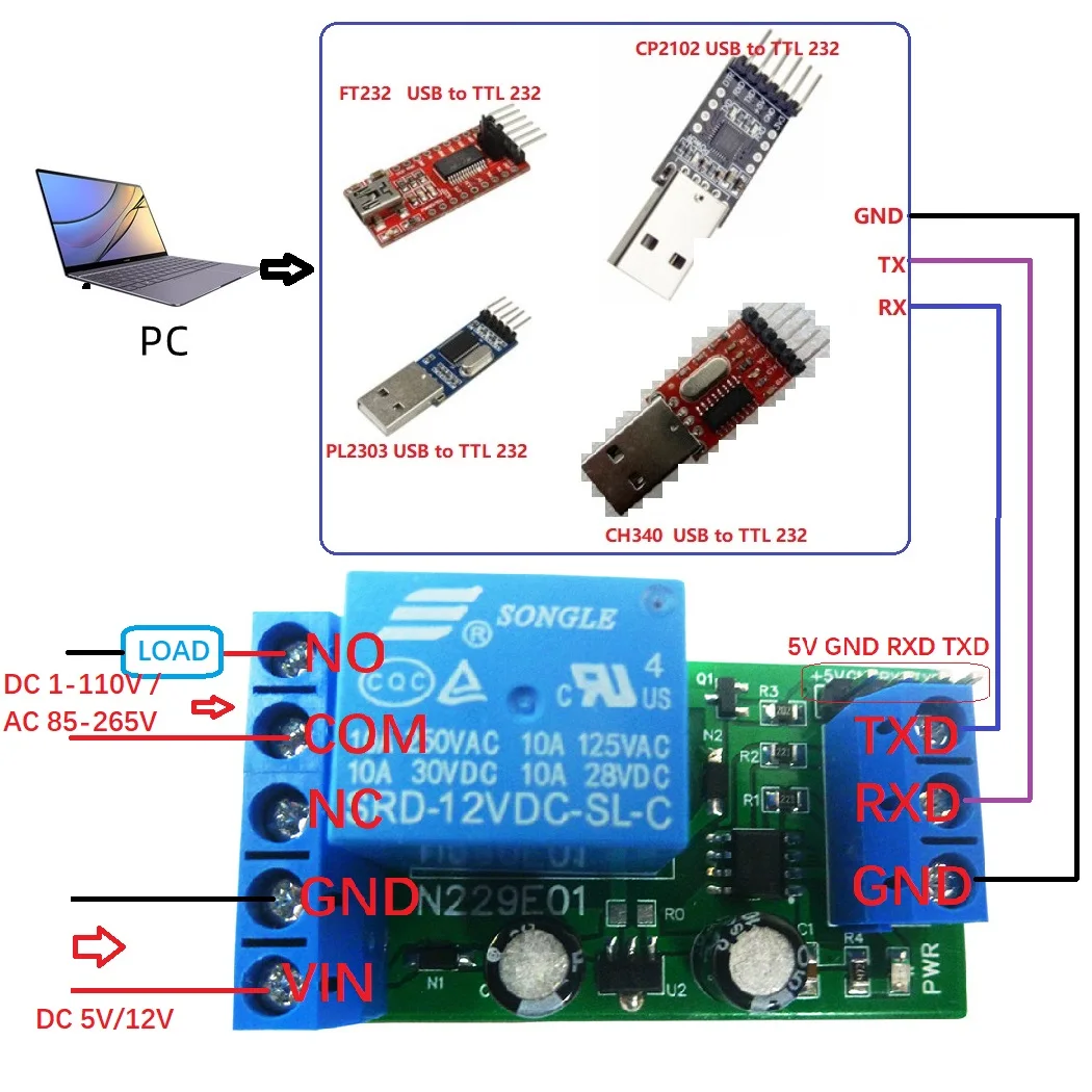 N229E01 DC 5V 12V PC UART interruptor de puerto serie tipo C USB TTL232 módulo de relé microcontrolador para Arduino MEGA Raspberry PIl