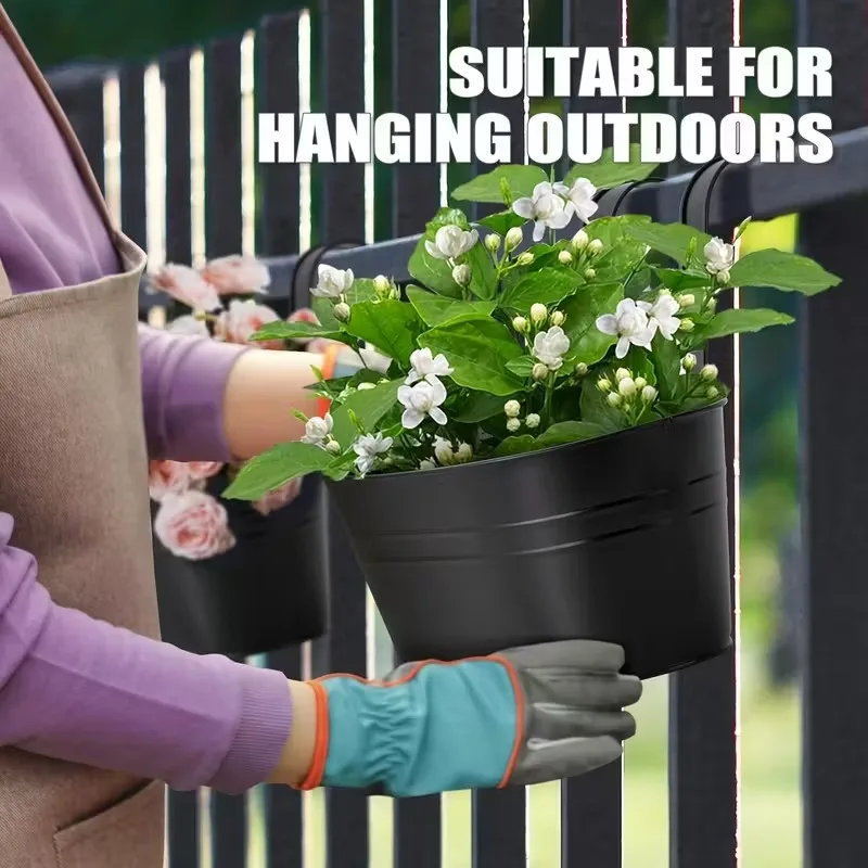 4pcs Metal Hanging Oval Flowerpot Iron Flower Pot Holder Large Fence Balcony Green Planter Garden Hanging Pot & Detachable Hooks