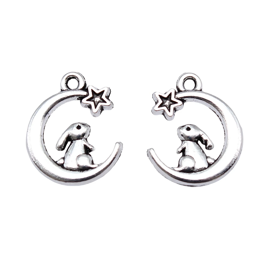 20pcs/lot 17x14mm Rabbit Moon Star Charms For Jewelry Making Antique Silver Color 0.67x0.55inch