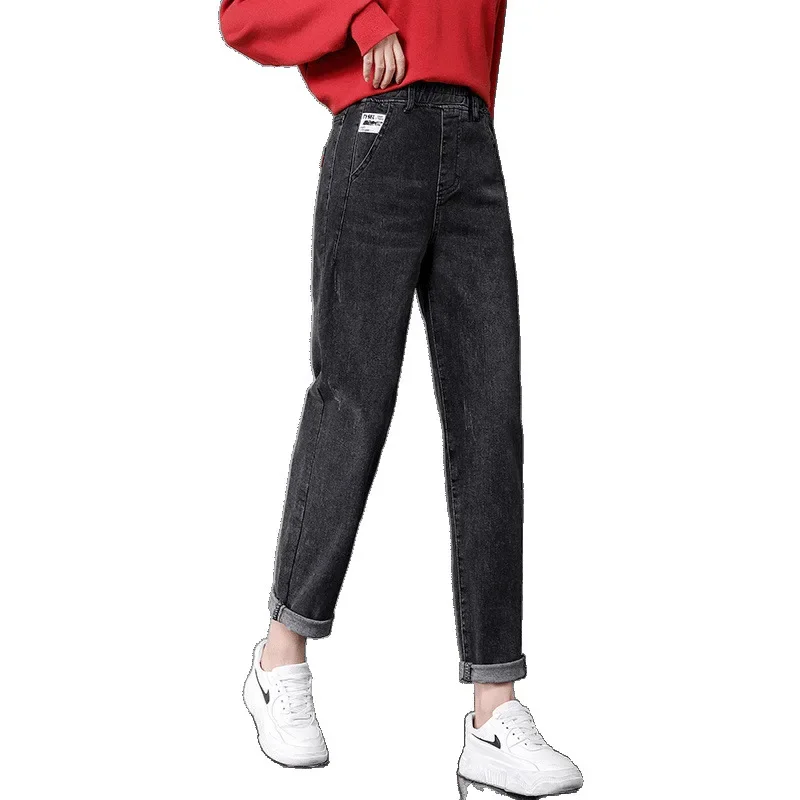 مرونة الحريم الدينيم الجينز المرأة فضفاضة مستقيم الكورية نمط عالية الخصر التخسيس أبي السراويل ربيع الخريف الموسمية