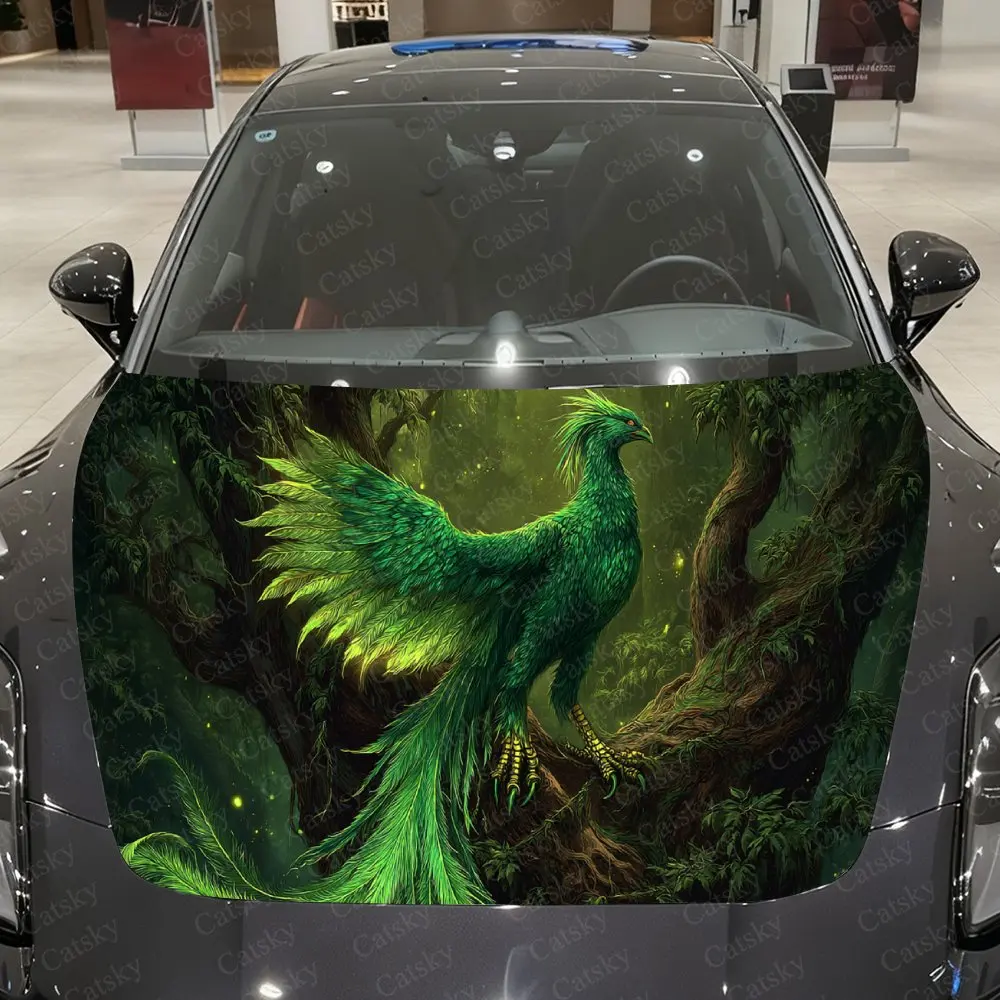 Forest Glowing Firefly Emerald Feather Car Vinyl Wrap, PVC Waterproof Car Hood Sticker, Self-Adhesive Scratch-Resistant Stickers