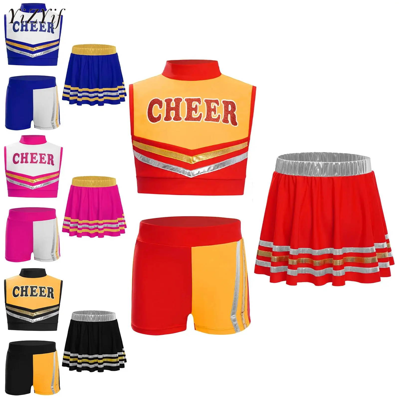 

Girls Cheerleading Dancewear Letters Hip Hop Jazz Dance Performance Costume Outfit Sleeveless Crop Top with Skirt Shorts Set