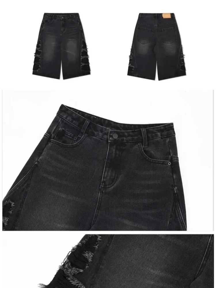 New Fashionable Women Washed Denim Shorts Summer American Retro Men's and Women's Loose Brimmed Wide Leg Straight Leg Capris