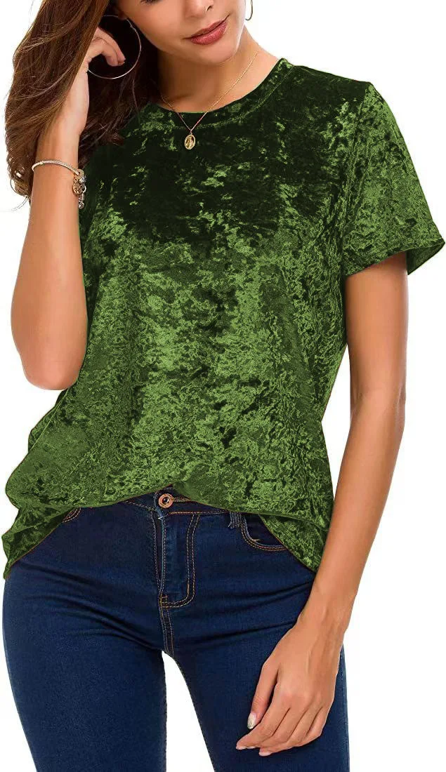 Damen-T-Shirt aus Crushed-Samt in Übergröße, kurzärmelig, Rundhalsausschnitt, lässiges, lockeres Oberteil – Detail 9