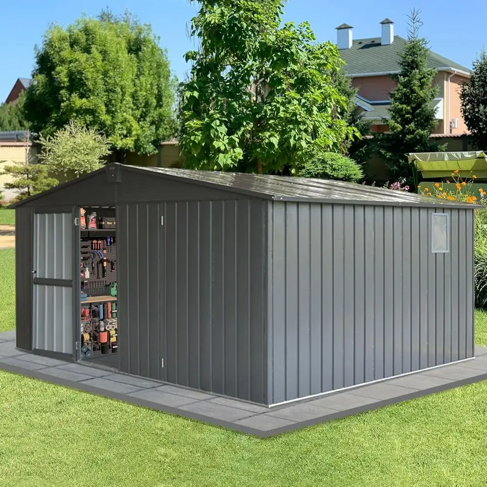 

Большой металлический сарай для хранения на открытом воздухе 11x9 футов с запираемой дверью, окнами, из оцинкованной стали, для заднего двора, патио, сада, серый