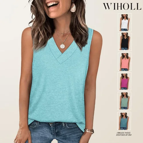 

Hot Selling Summer Women's Vest V-neck Loose Solid Color New Pullover Top Basic T-shirt Versatile Casual Tees