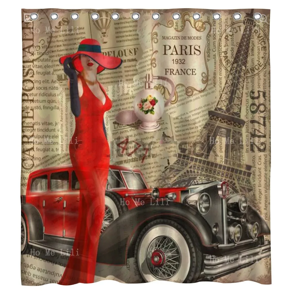 

Paris French Girl Retro On A Red Car Trip In The Eiffel Tower By Ho Me Lili Decorate Shower Curtains For Family Toilets