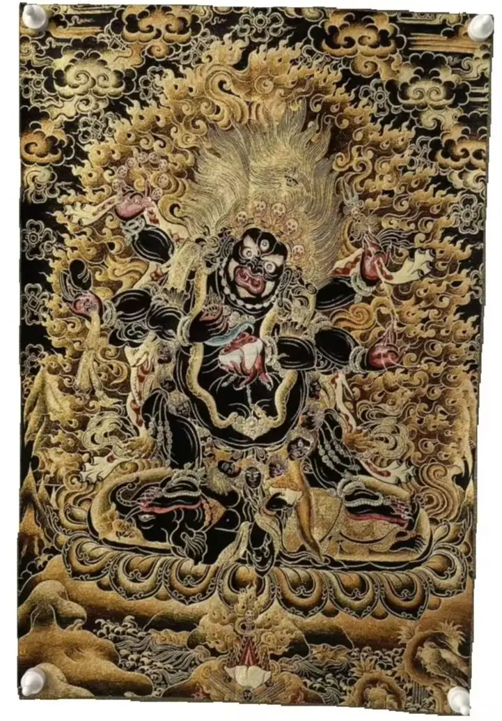 35“Thangka Embroidery Tibetan Buddhism Silk Embroidery Six Arm Mahakala Vajra Buddha Thangka Hanging Screen for Town House