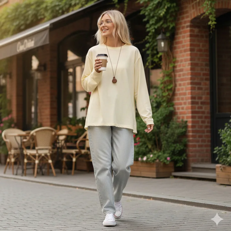 

Мягкая женская футболка с длинным рукавом и круглым вырезом, легкая ткань большого размера, свободный силуэт, идеальный весенне-осенний повседневный стиль