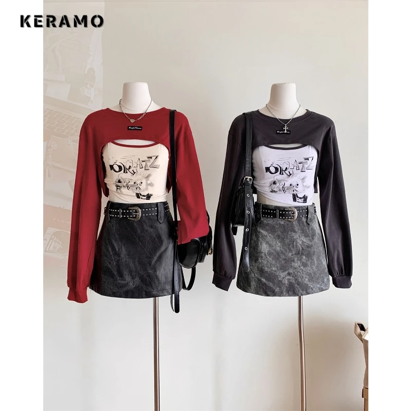 

2023 Autumn Winter Sexy Casual Printting Long Sleeve Round Neck T-Shirts Women's Fashion Clubwear Style Folds Tees Crop Tops