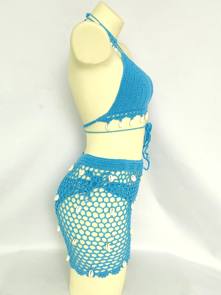 Ensemble de bikini 4 pièces pour femme, haut à pampilles coquillage au crochet, string sexy, transparent astronomique, bandage évidé, taille haute, jupe de plage courte