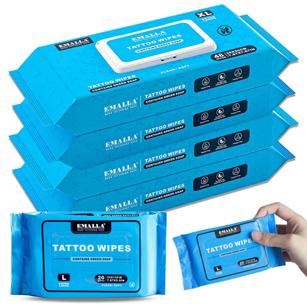 Emalla Tattoo Wipes with Tattoo Green Soap Wipes and Tattoo Cleaning AfterCare Wipes for During Tattooing Tattoo Supplies