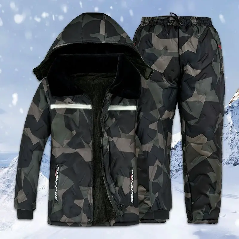 

Thiened Fce Camouflage Workwear Set Winter Cold Resistance Cotton Jaet And Pants Labor Protection Clothing Medium Length