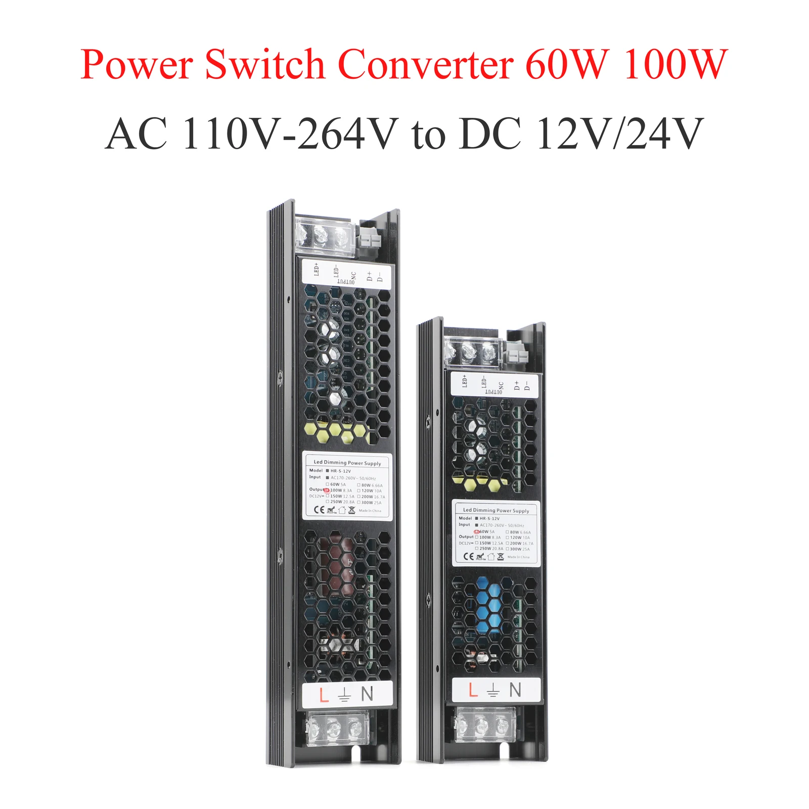 AC110-264V Dimmable LED Driver DC12V/24V Aluminum 60W 100W Triac 0-10V/DALI Dimming 2-in-1 Power Supply Lighting Transformer