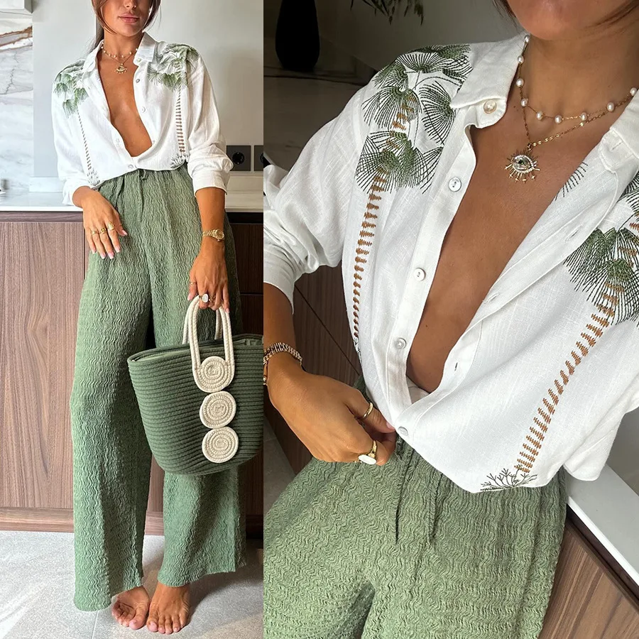 Casual Print Two Piece Set Loose Single-Breasted Two Piece Set Long Sleeve Wide Leg Pants Co Ord Street Lounge Matching Set