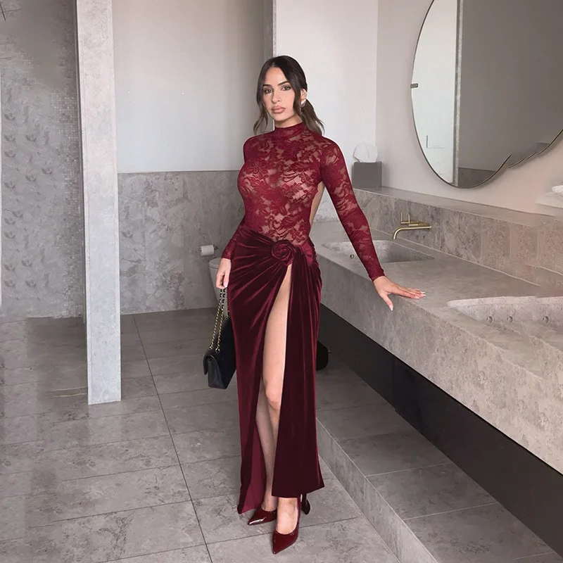 

Autumn New Style Sexy Slim Fit Patchwork Lace Velvet Dress