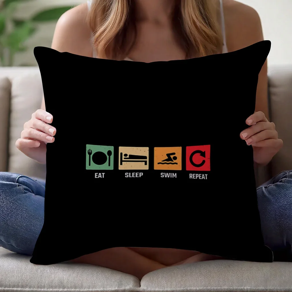 1pcs Short Plush Eat Sleep Swim Repeat Pillow Cover 18x18 Inch Double Sided Vintage Swimming Icon Cushion Case Home Decor