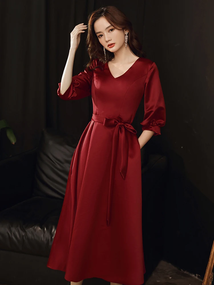 

plus Size Wedding Dr Slimming Ele Korean Sle mid Waist Zipper Ba V Ne Long Sve mid Length Evening Gown for Women