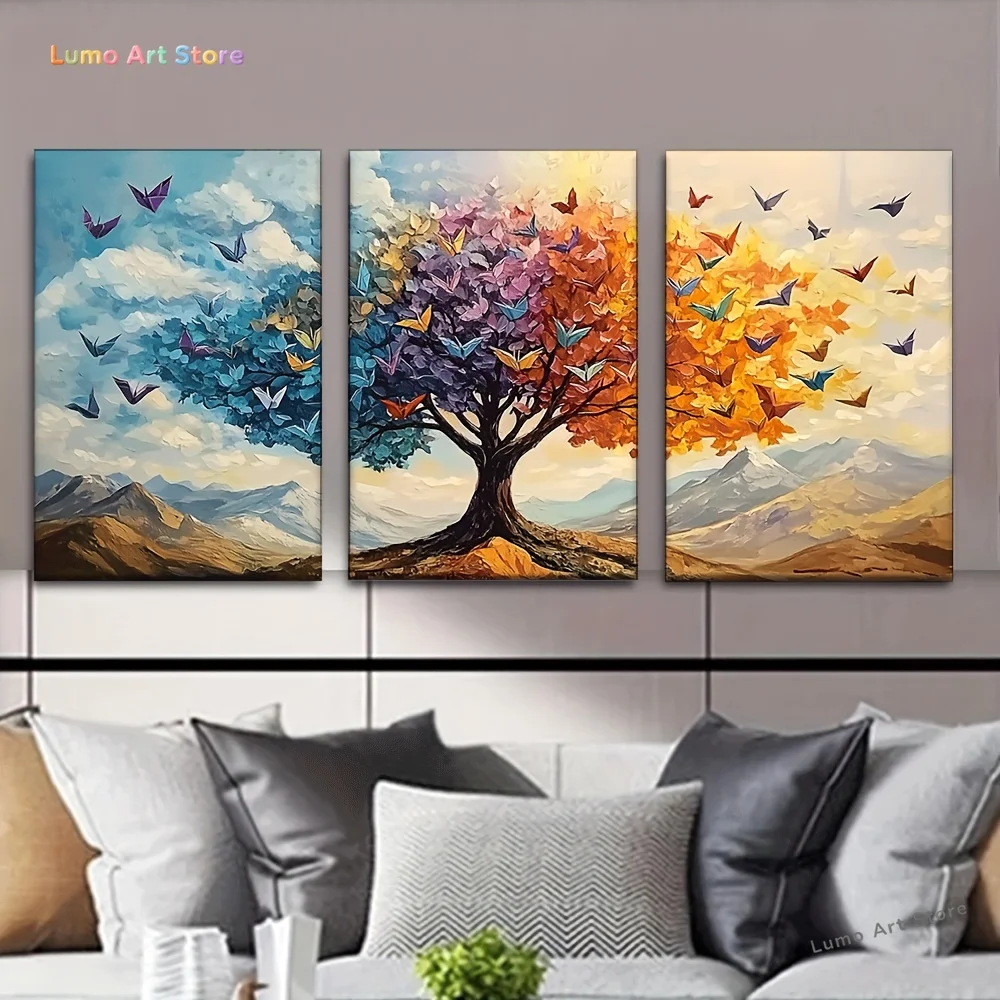 3pcs/set, Canvas Painting--Unframed, The Colorful Tree of Life, Artist Drawing Set, Living Room, Library, Office, Cafe, Bar,
