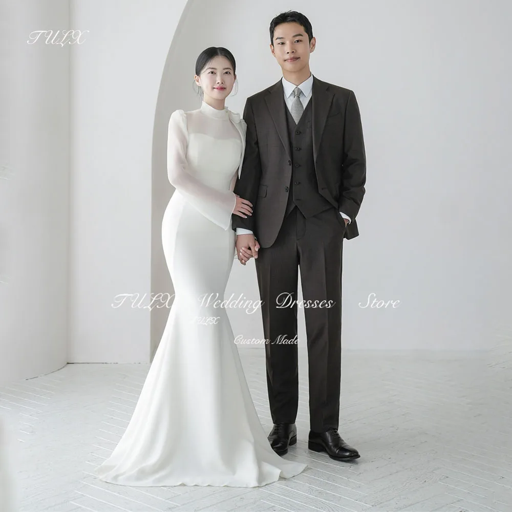 

TULX High Neck Long Sleeve Korea Organza Wedding Photo Shoot Dress Corset Back Mermaid Long Satin Bridal Gowns Custom Made 웨딩드레스