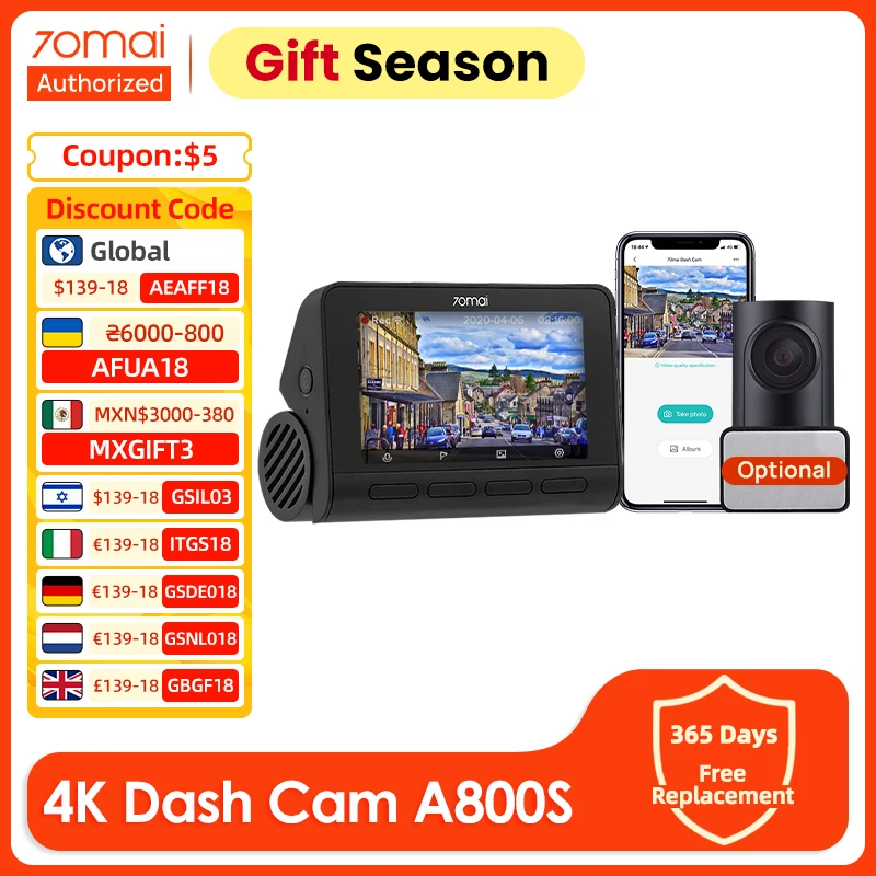 70mai 4K Dash Cam A800S 2023 New 3840X2160 Resolution 140°FOV 4K Car DVR Support Rear Cam Built-in GPS ADAS 24h Parking Monitor