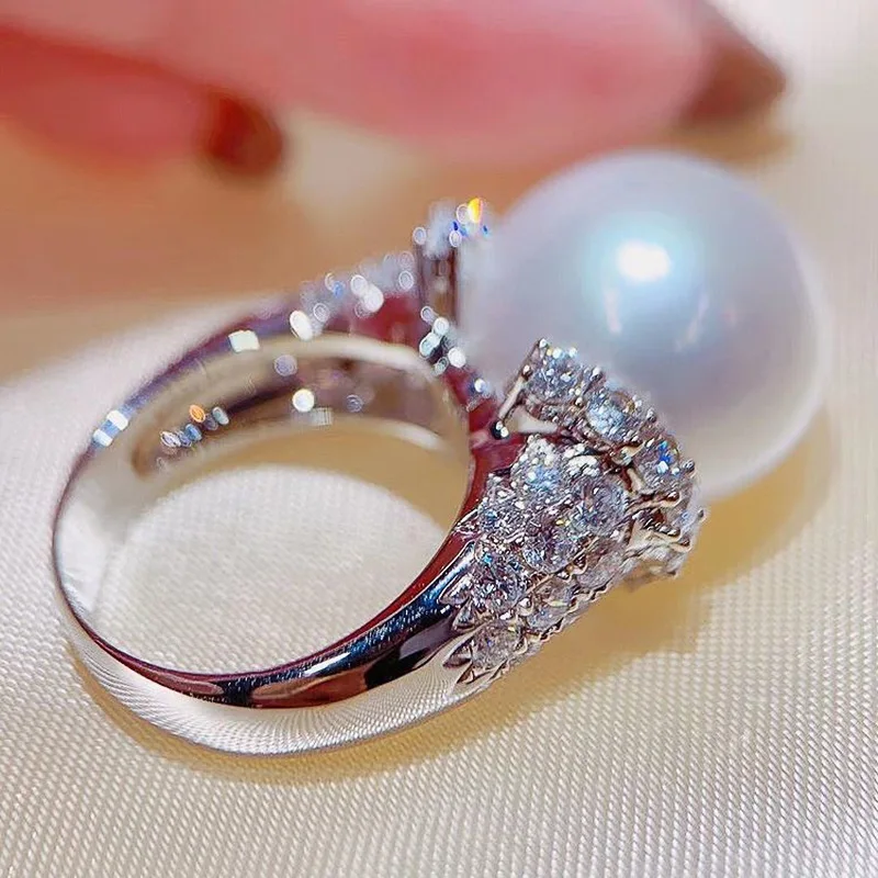 Modne białe duże perłowe pierścionki z cyrkoniami dla kobiet Wspaniałe zaręczynowe obrączki ślubne 925 Sterling Silver Akcesoria Biżuteria