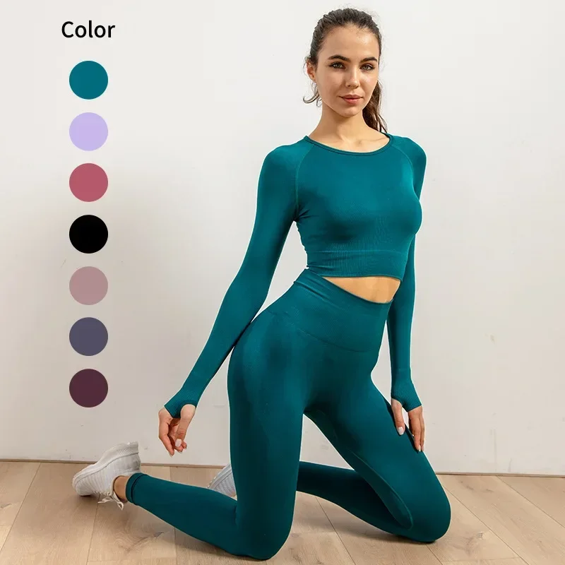 Woman Yoga Workout Set Sport Leggings Clothes Set Long Sleeves Sports Shirt Stretch Woman Fitness GYM 2pcs Suit