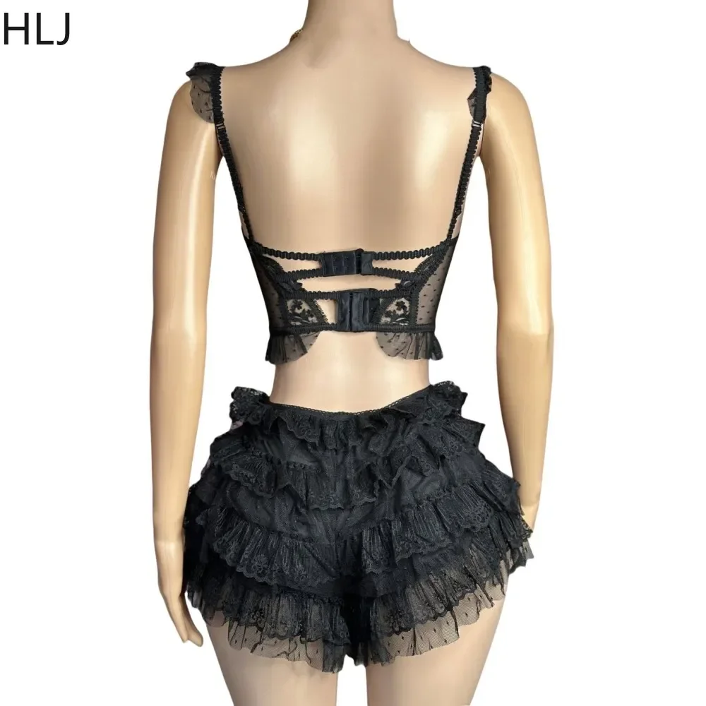 HLJ Lace Sexy Embroidery Sheer Two Piece Sets For Women Thin Strap Tank Top And Ruffle Mini Skirts Shorts Outfits Party Clubwear