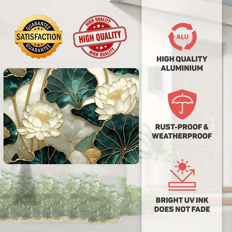 Elegant Lotus Flowers With Emerald Leaves Poster Retro 3D Printed Metal Signs Customized Wall Hanging Gift for Tin Sign Art Home