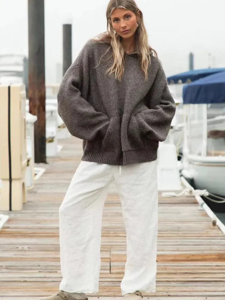Autumn Woman's Fashion Knitted Pullover Casual Solid Color Hooded With Pockets Loose Sweater Lady Winter Comfort Warm Sweaters
