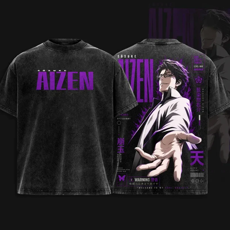 Aizen Sousuke Print T-shirt Anime BLEACH Clothing Men Women Short Sleeve Tshirts Washed T Shirt Harajuku Oversized Cotton Tops