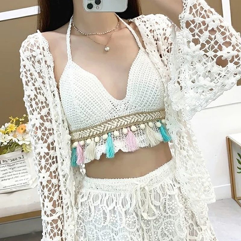 Summer Short Underlay Backless Embroidered Vest For Women Hollow Out Tube Top Hanging Neck Knitted Vest With Suspender Chest Pad