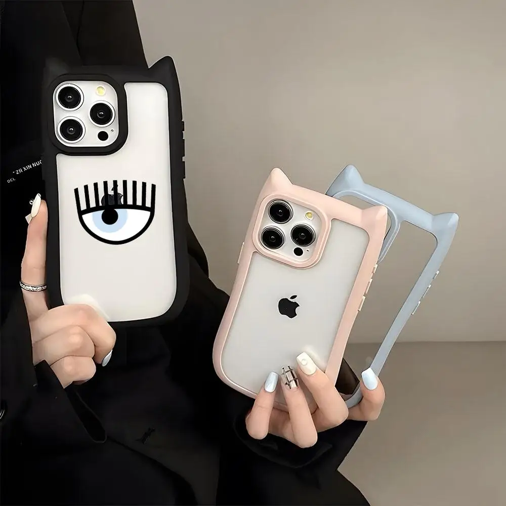 Evil Eye Illustrations Phone Case Transparent Border Cute Three-dimensional Cat Ears For IPhone 16ProMax 14 13 15 12 11 Pro Max