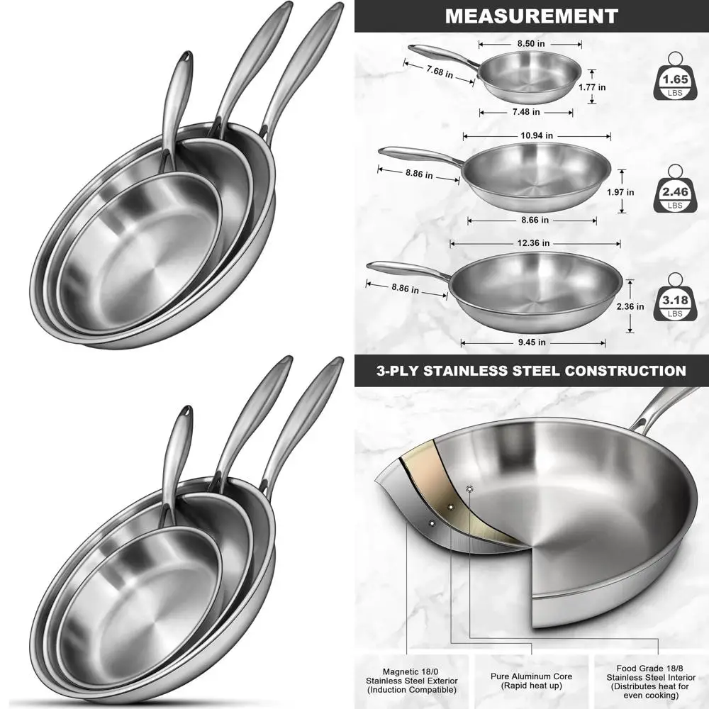 

Stainless Steel Frying Pan Set, 8/10/12, Non-Stick, Induction Compatible, Dishwasher & Oven Safe, Even Heat Distribution, Heavy-