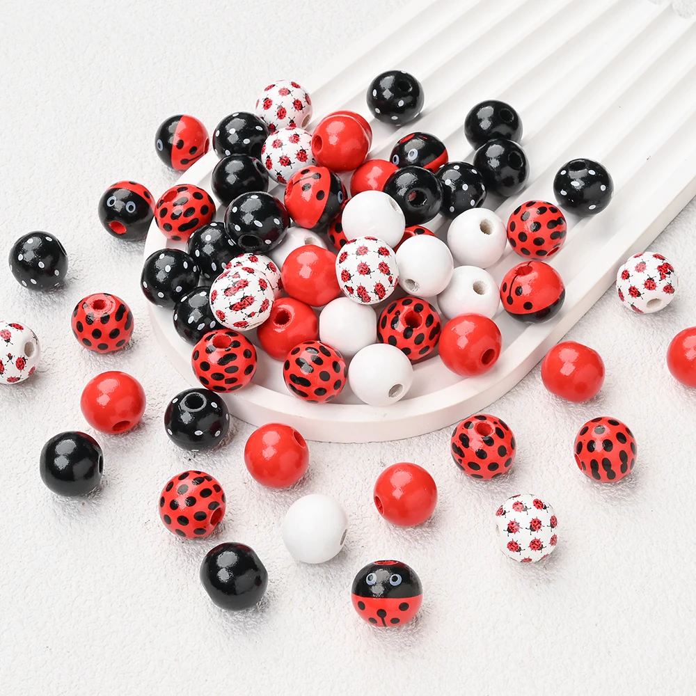 30Pcs 16mm Ladybug Themed Wooden Bead Food Grade Teether Bead For DIY Care Chew Pacifier Chain Jewelry Making Accessory