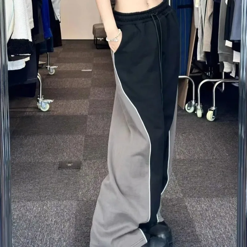 

Women's Black Grey Color Block Wide Leg Pants Elastic Waist Track Pants with Piping Detail Streetwear Style