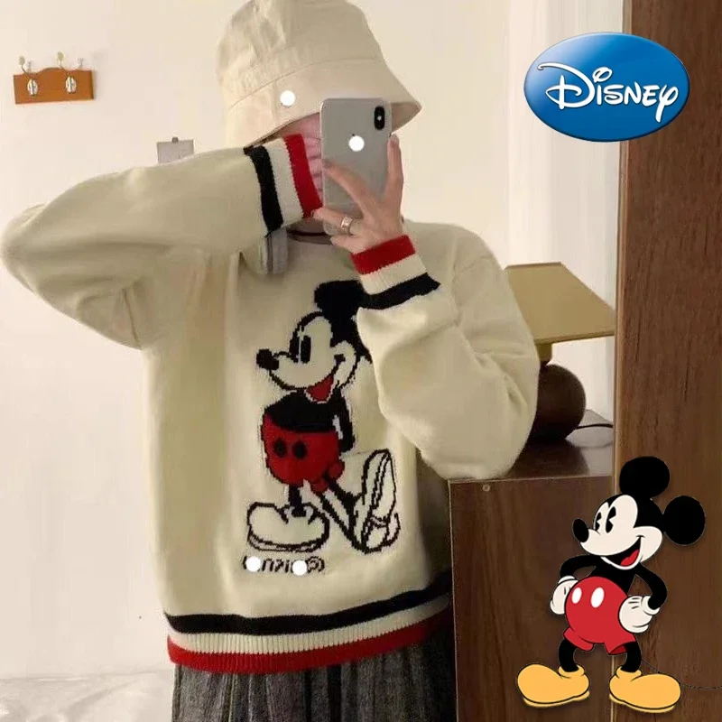 Disney Mickey Mouse Loose Sweaters Cartoon Tide Women Elegant O-neck Long Sleeve Knitted Pullover Top Autumn Female Tops Jumpers