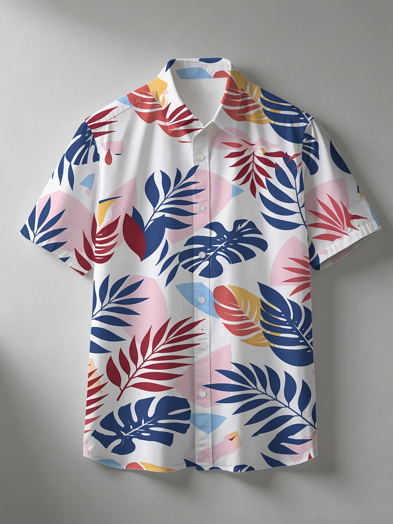 Multi‑tone Jungle Foliage Geometric Pattern Mens Camp Collar Summer Beach Hawaiian Blouse