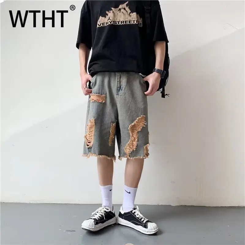 

WTHT Винтажные мужские шорты с дырками Edge Do Old Прямые джинсовые шорты Модные повседневные широкие короткие брюки с высокой талией Мужские летние 2A0222