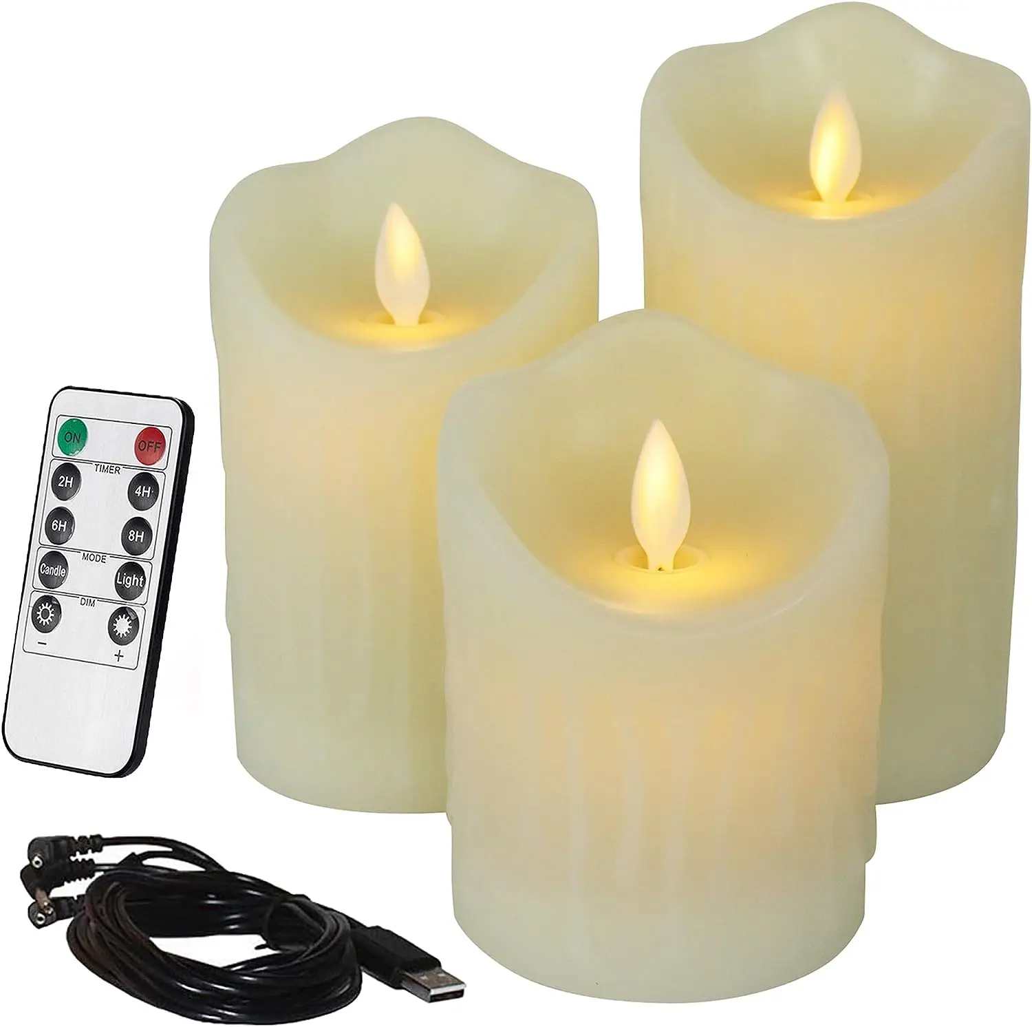 

Pack of 3 USB Rechargeable Flickering Paraffin Wax Pillar Candle Remote controlled w/timer Moving Dancing wick Home Decoration